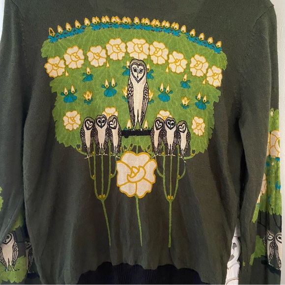 The Knitted Dove Who's Who Owl Wool Blend Sweater Cardigan Artsy Teacher Sz L - Picture 9 of 10